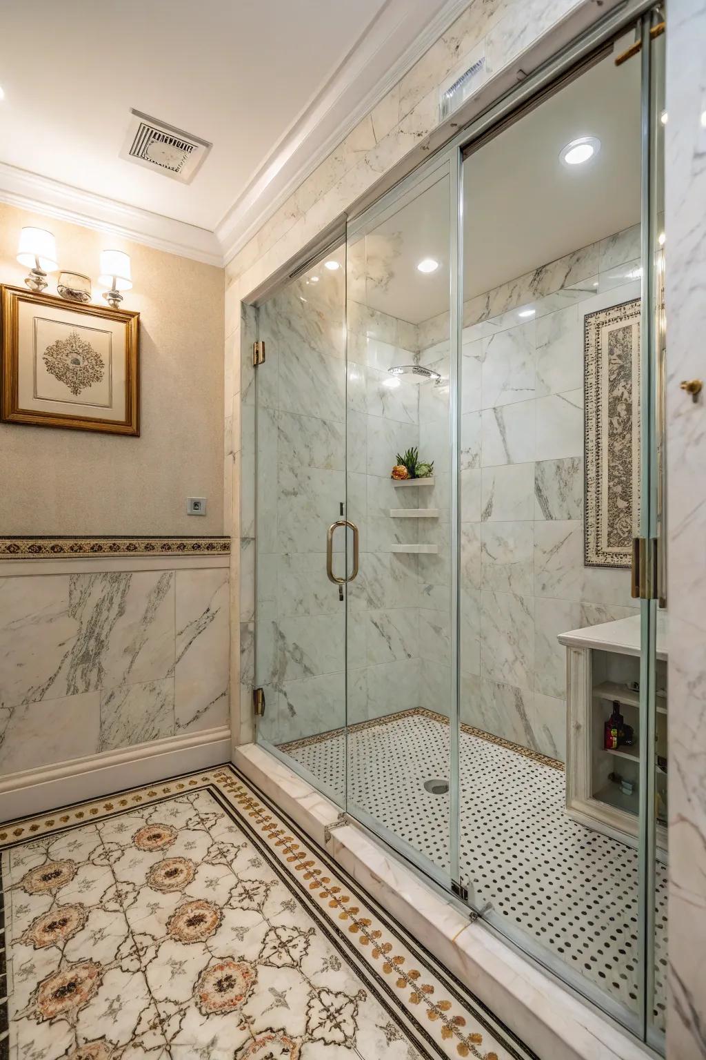 A walk-in shower with elegant stone and tile work.