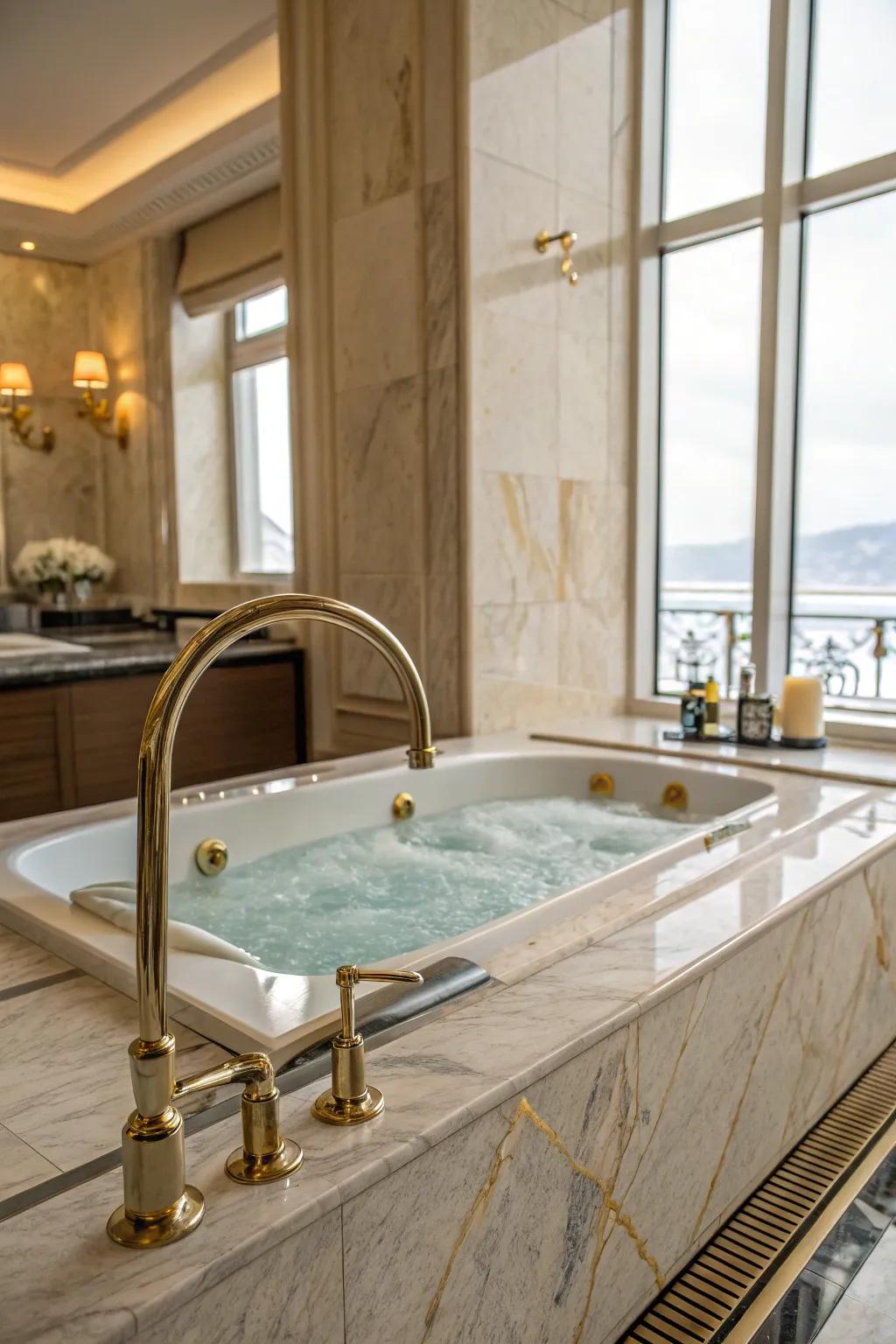 Sophisticated fixtures add a touch of elegance to the jacuzzi tub area.