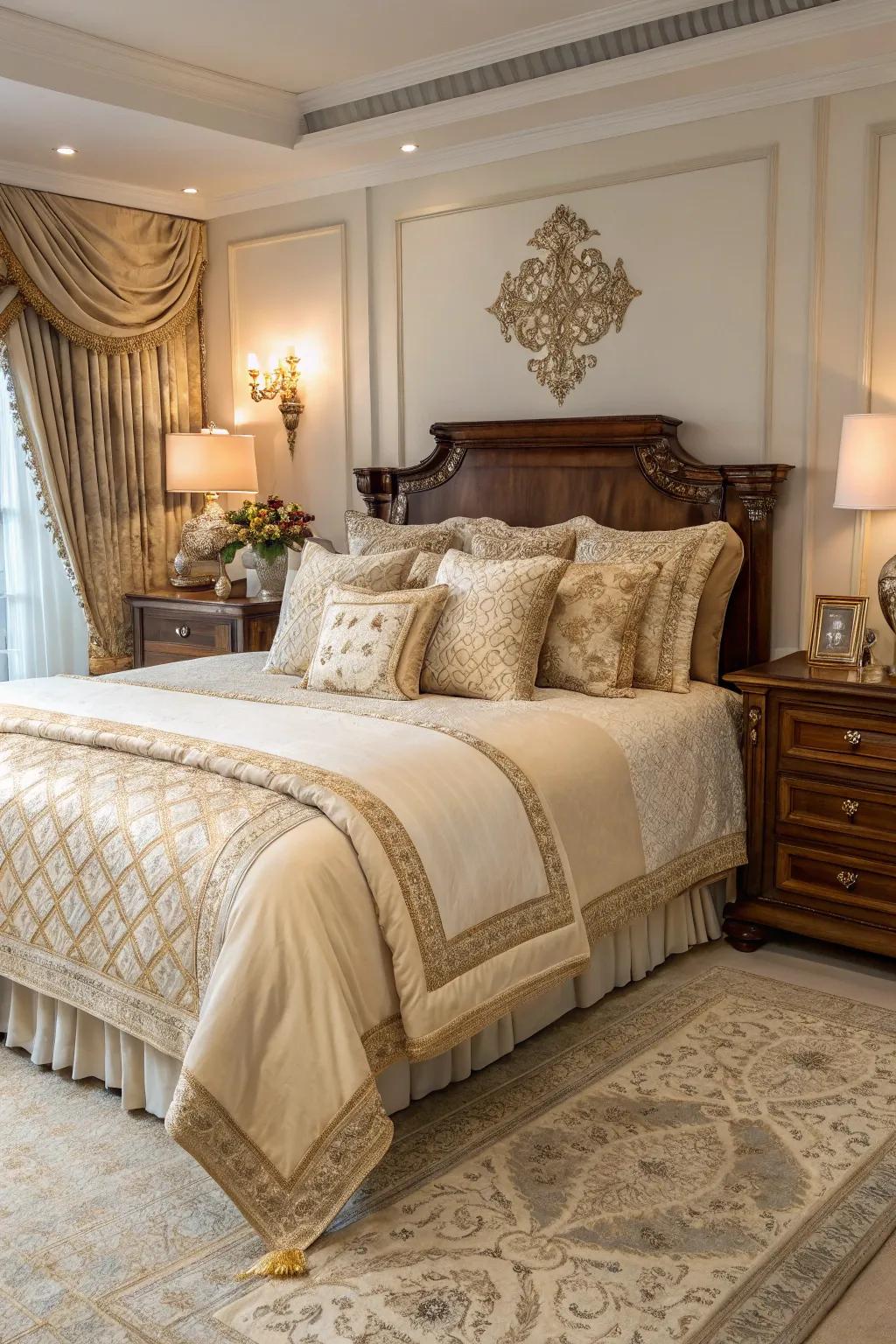 Layered textiles in a master bedroom create a cozy and luxurious feel.