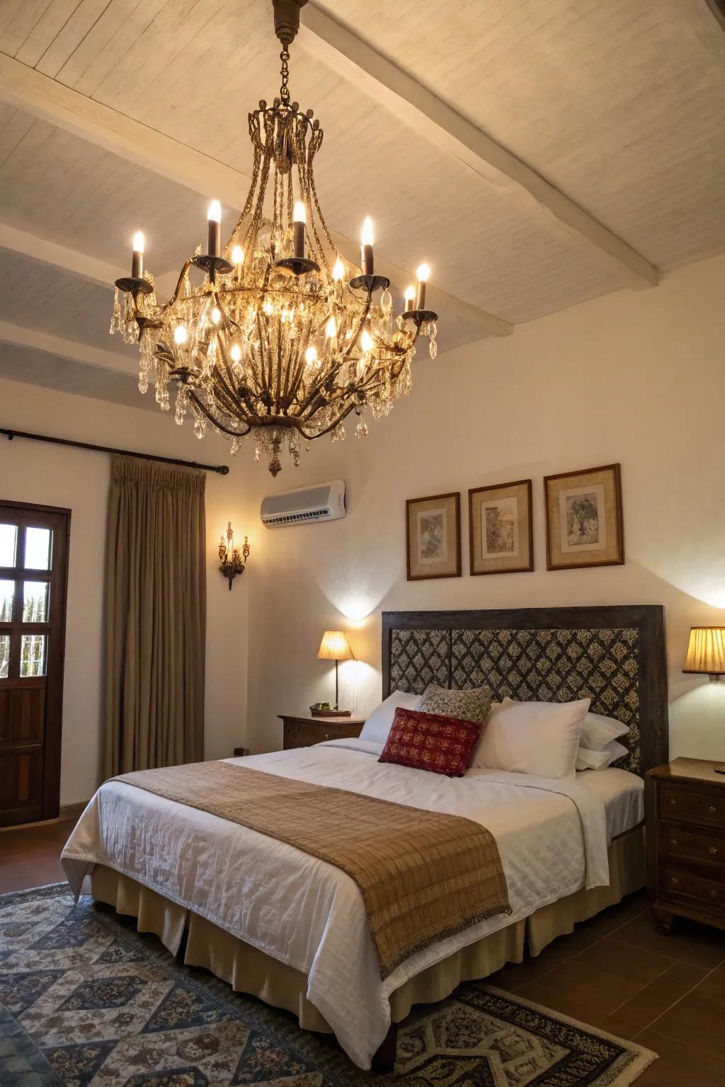 A sleeping area brightened by a striking pendant light.