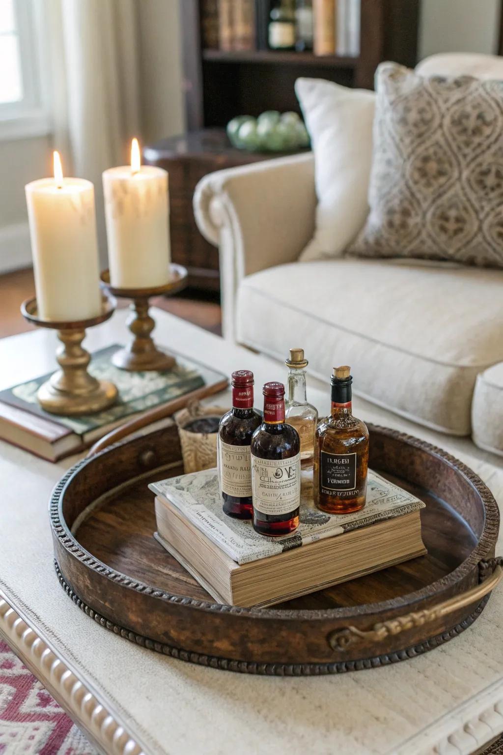 A vintage tray elegantly showcasing mini liquor bottles on a coffee table.