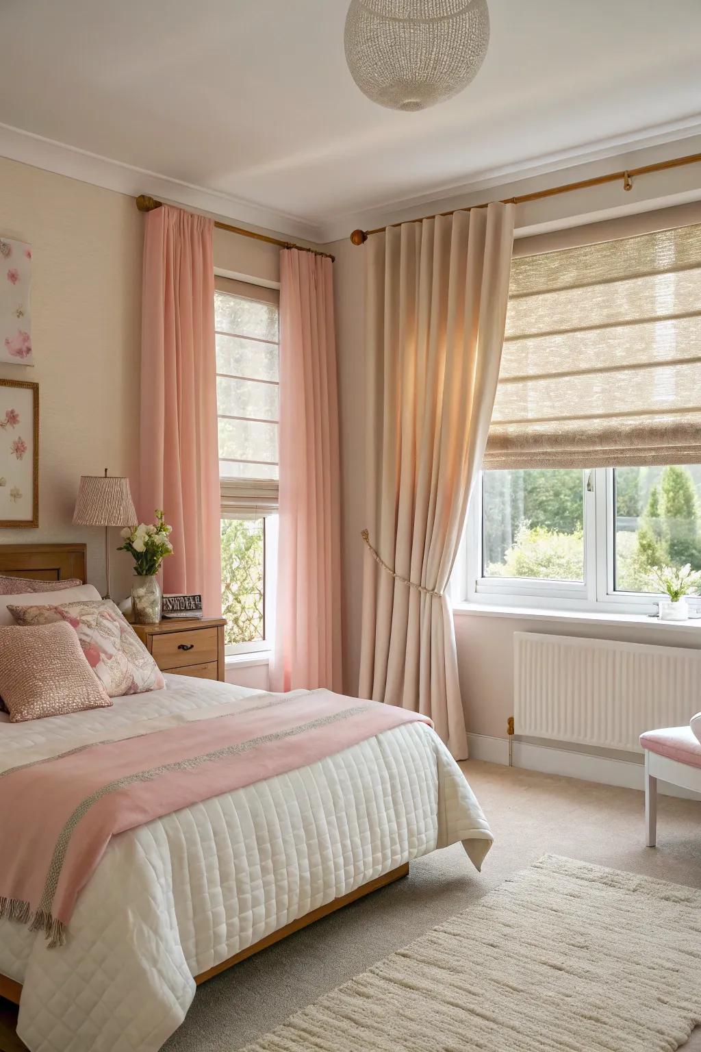 Combining window coverings and drapes enriches dimension and fashion.
