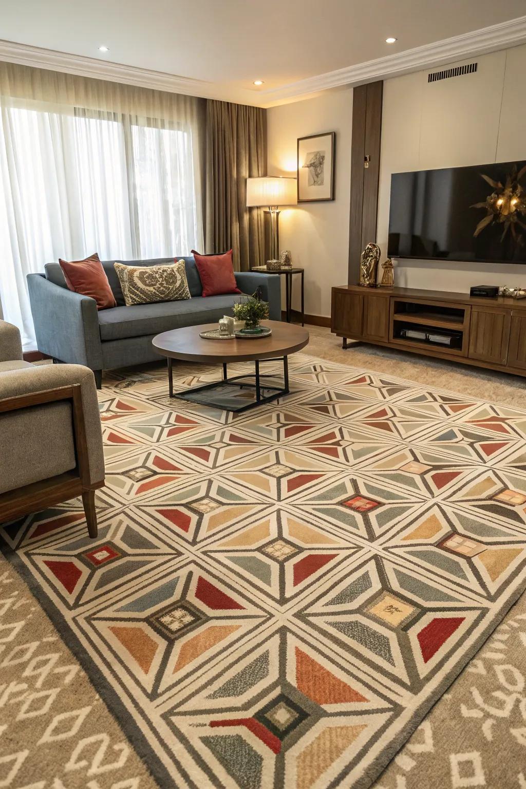 Modern living room with a geometric pattern carpet adding visual interest