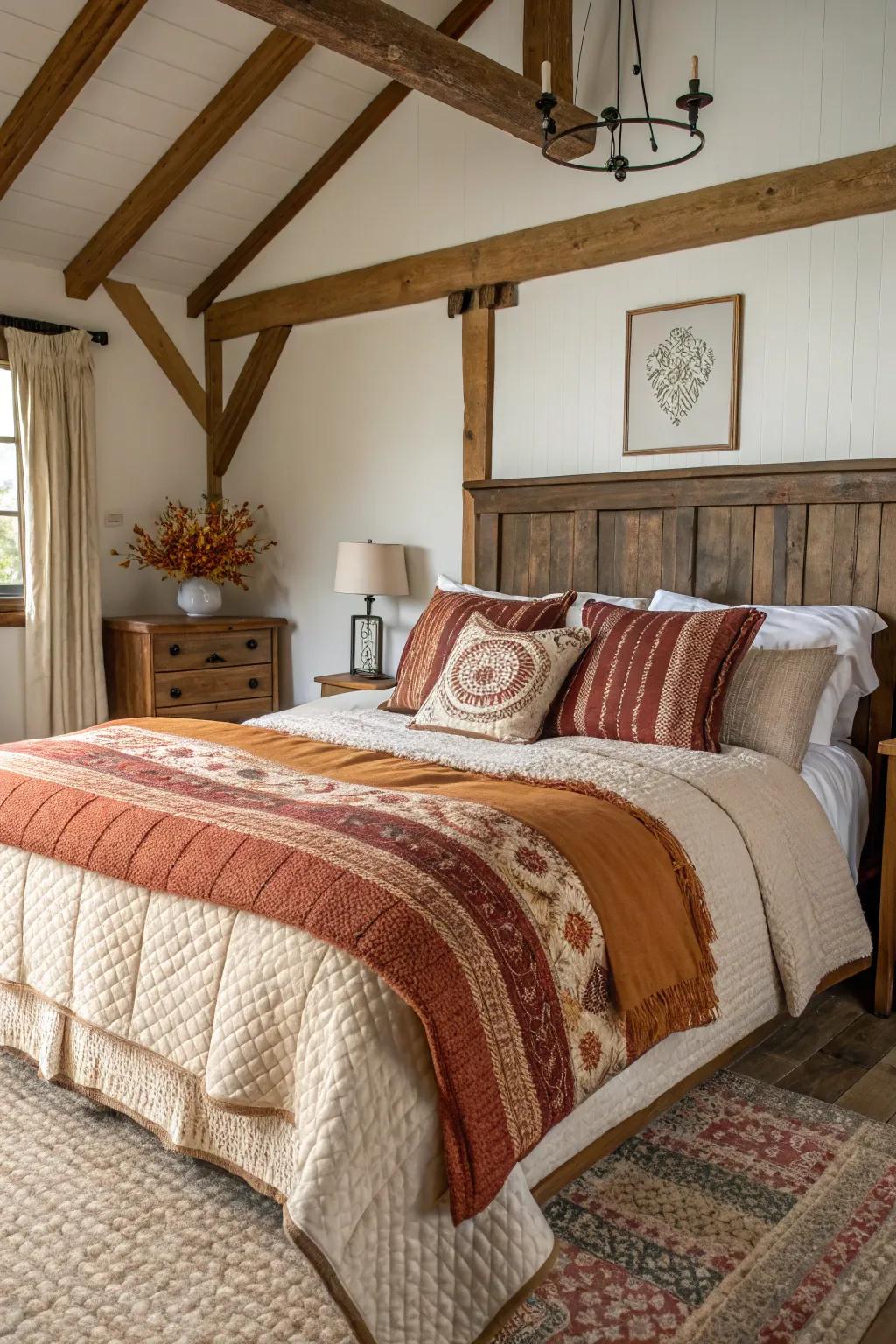 Layered bedding with textured throws offers warmth and comfort.