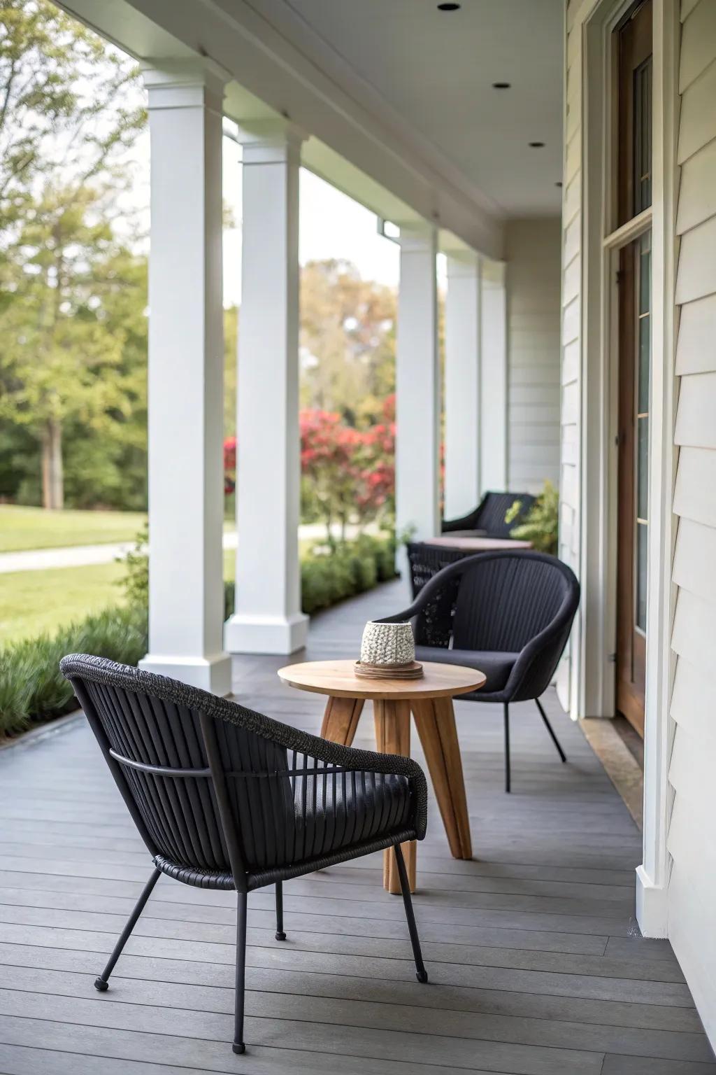 Elegant furniture elevates the look of a modern porch.