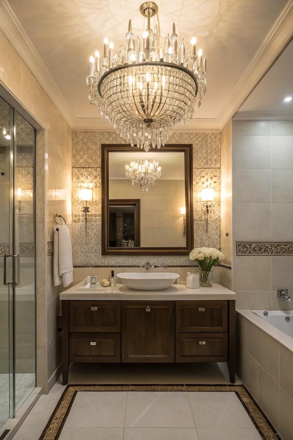 A bathroom featuring a glamorous chandelier and elegant wall sconces.