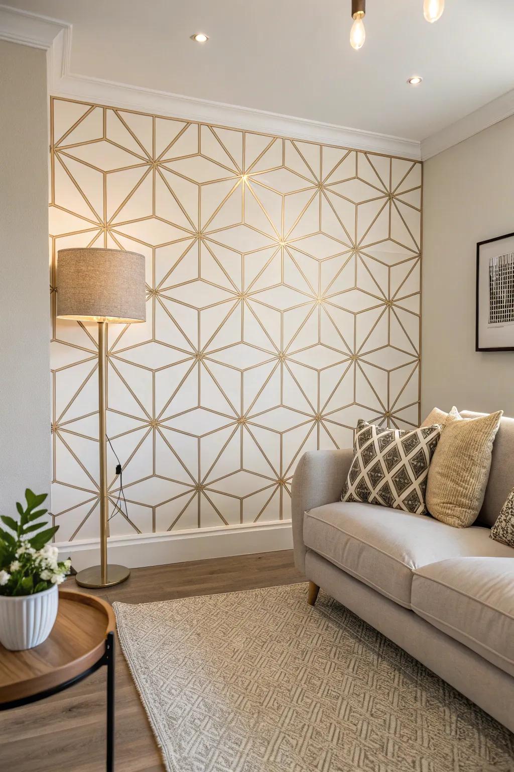 Geometric patterns on the wall add a modern touch to the minimalist living room.