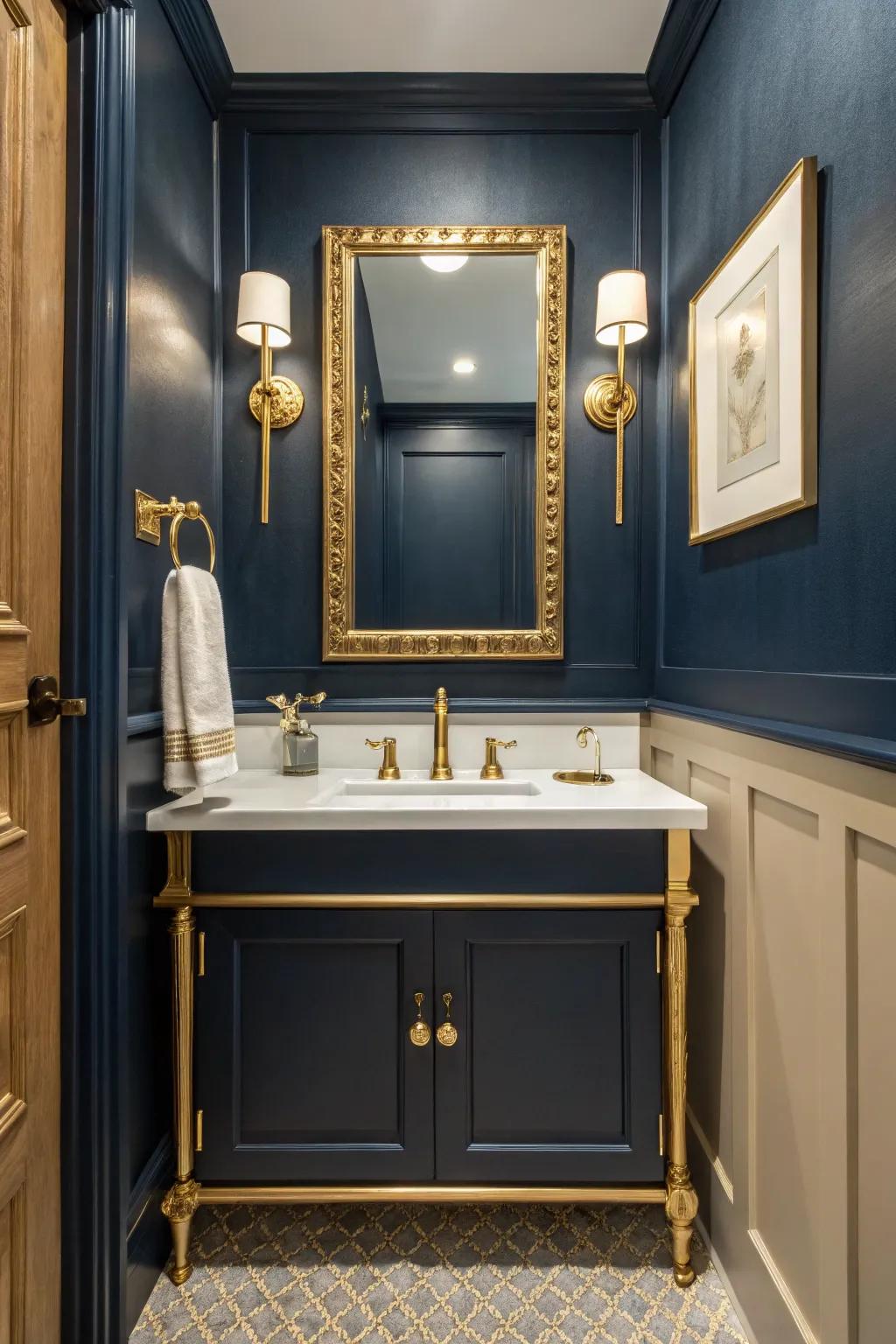 Gold accents bring a touch of luxury to navy blue bathrooms.