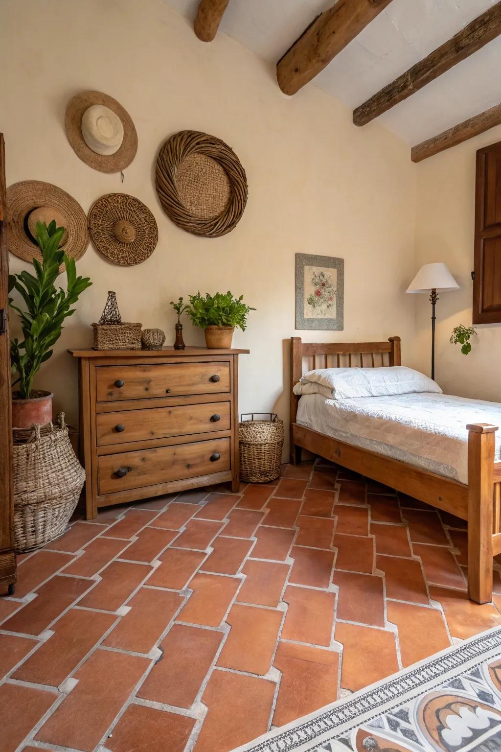 Terracotta tiles infuse warmth and texture into a modern Spanish bedroom.