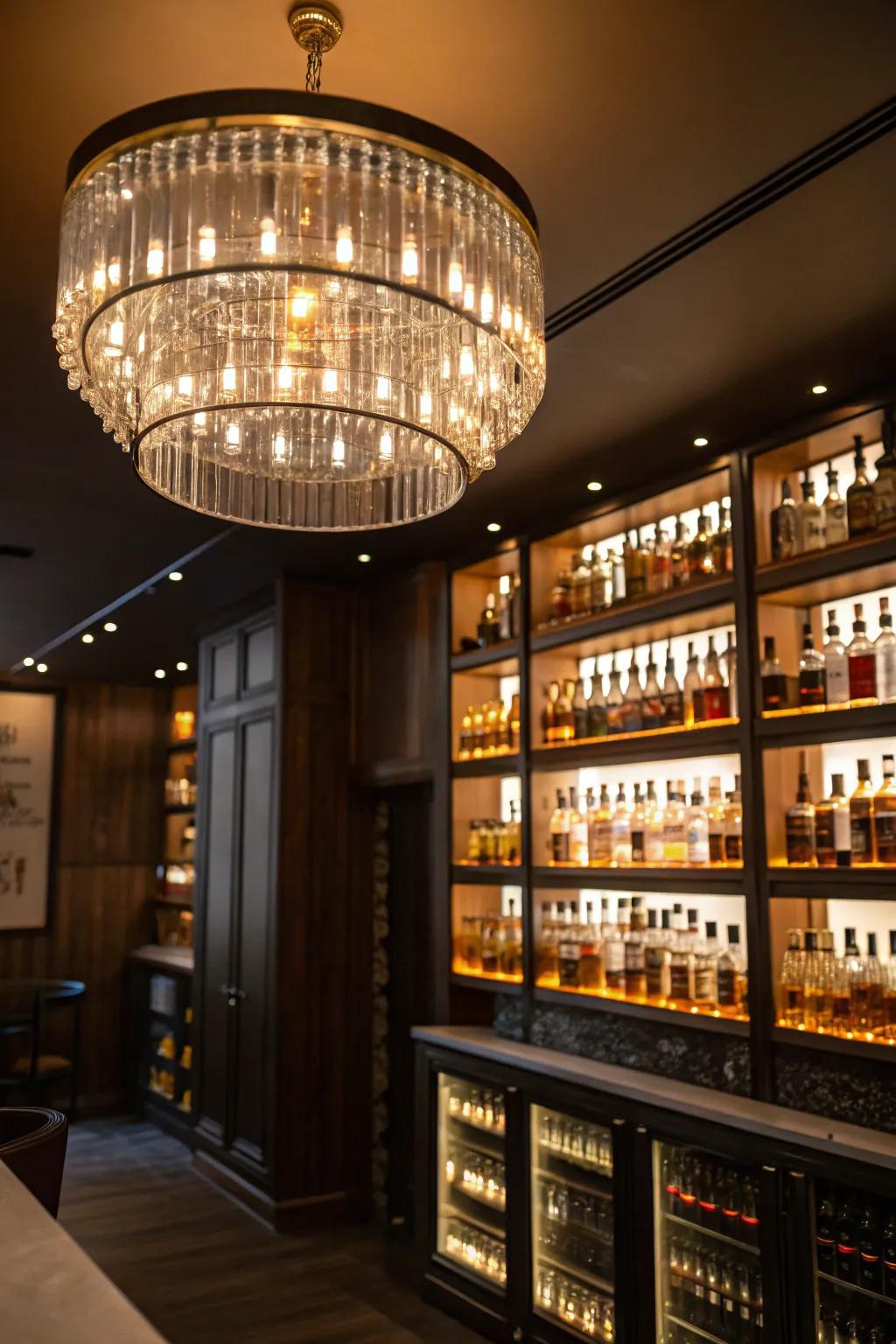 Strategic lighting enhances the ambiance and highlights your whiskey collection.