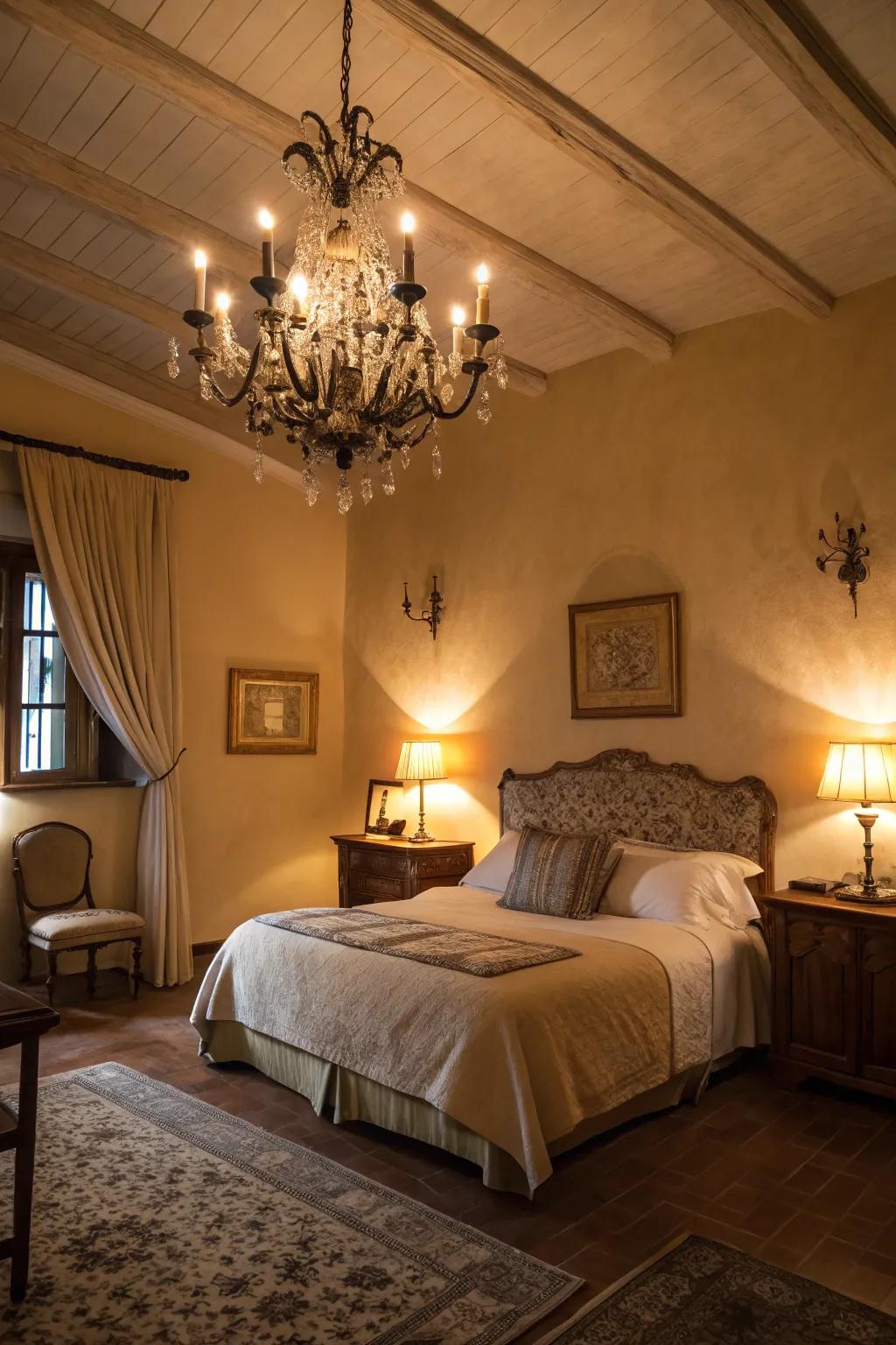 A bedroom lit with warm ambient lamps and a chandelier.