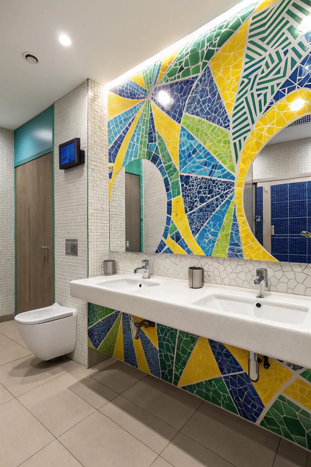 A vibrant mosaic feature wall that serves as the bathroom's focal point.