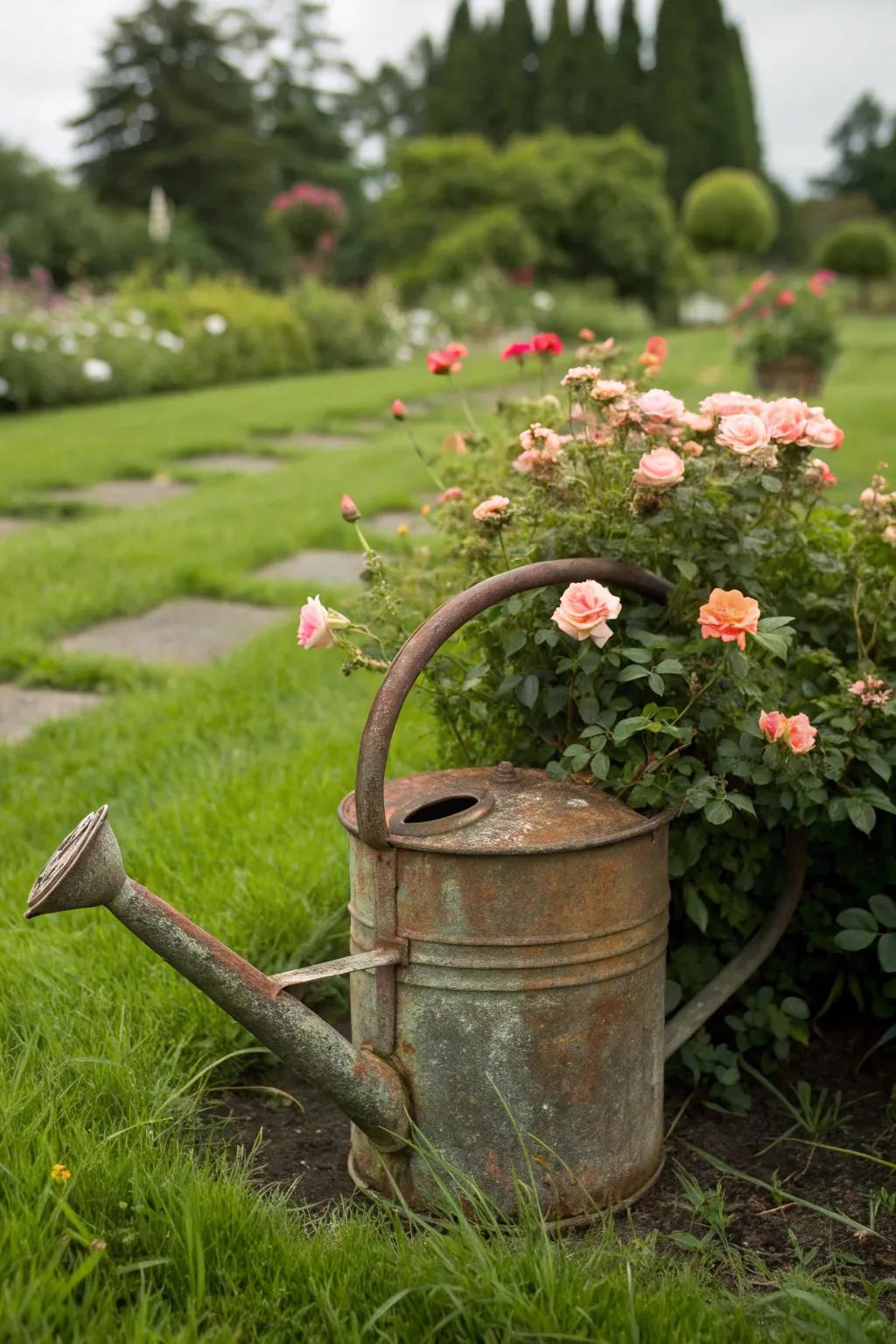 An old watering can repurposed as a creative moss rose planter.