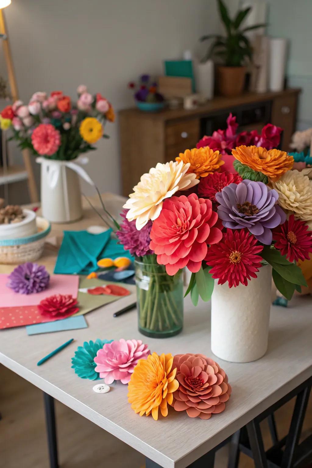 Colorful DIY paper flowers make for delightful decorations.