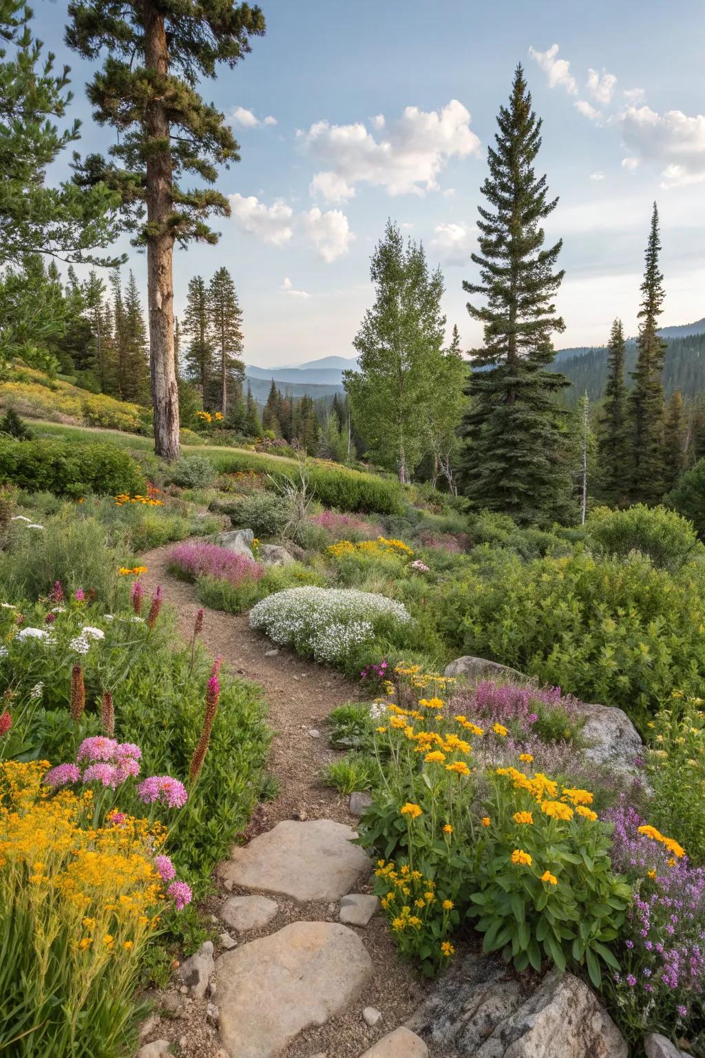 A vibrant, native plant garden thriving in a mountain setting.