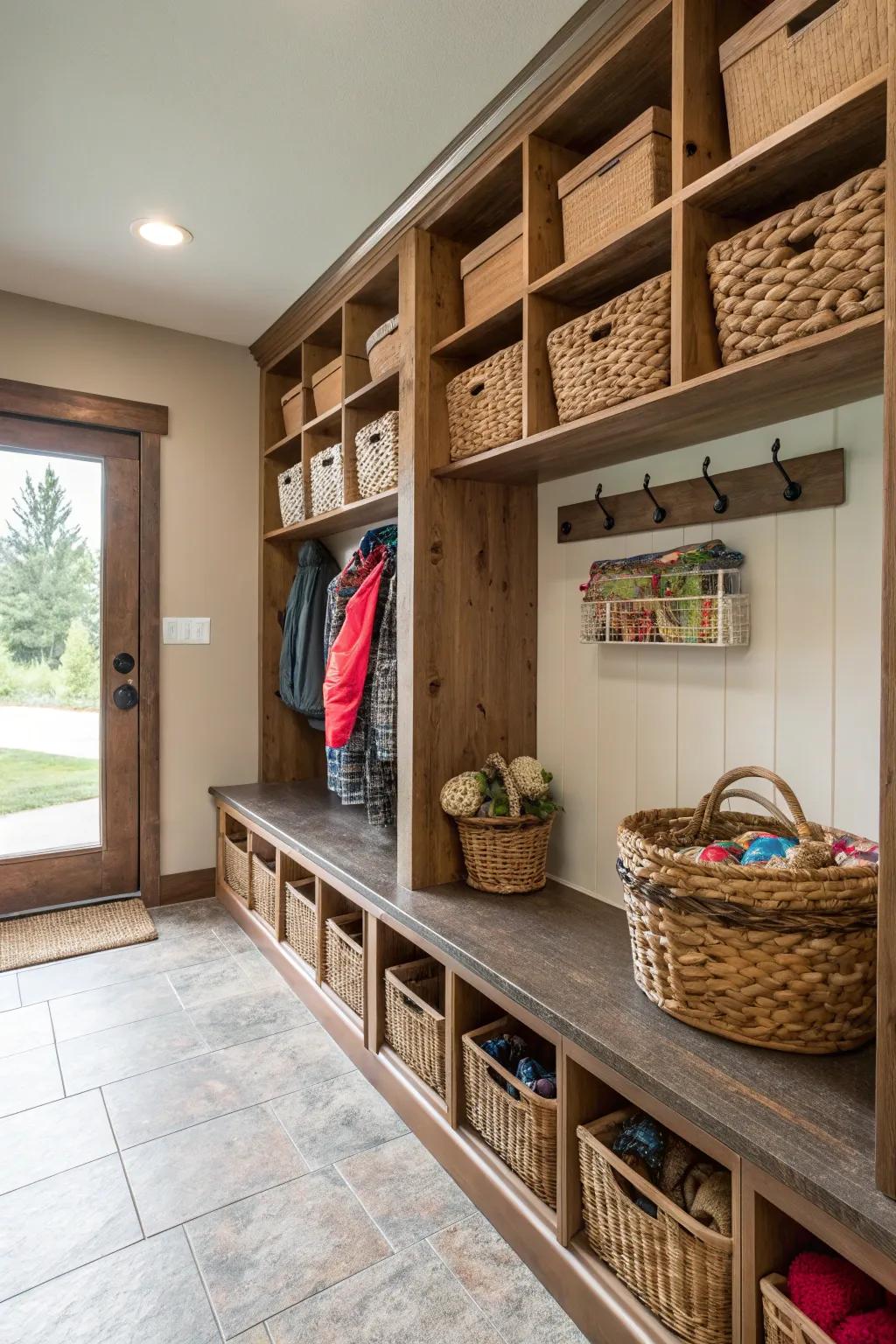 Mudroom shelves featuring decorative storage baskets in natural fibers for a stylish touch.