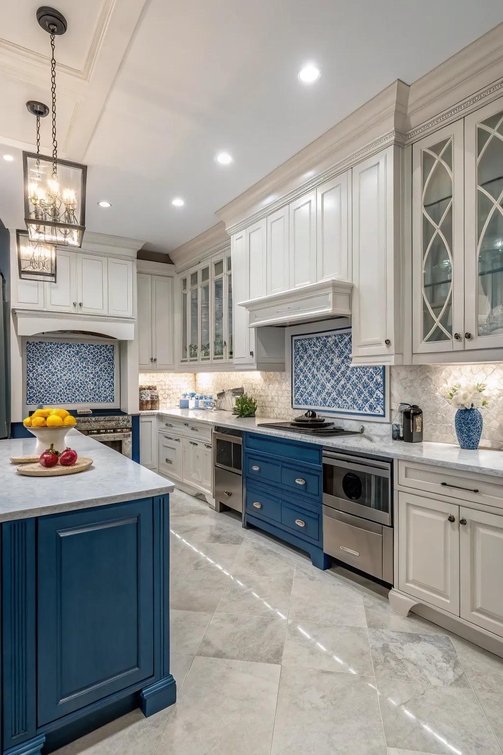 A kitchen showcasing a blend of neutral and deep blue colors.