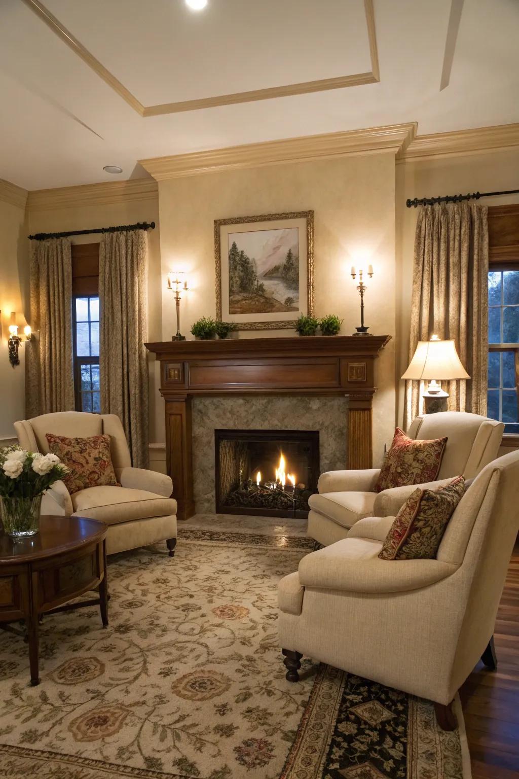 A fireplace offers warmth and becomes a natural gathering spot.