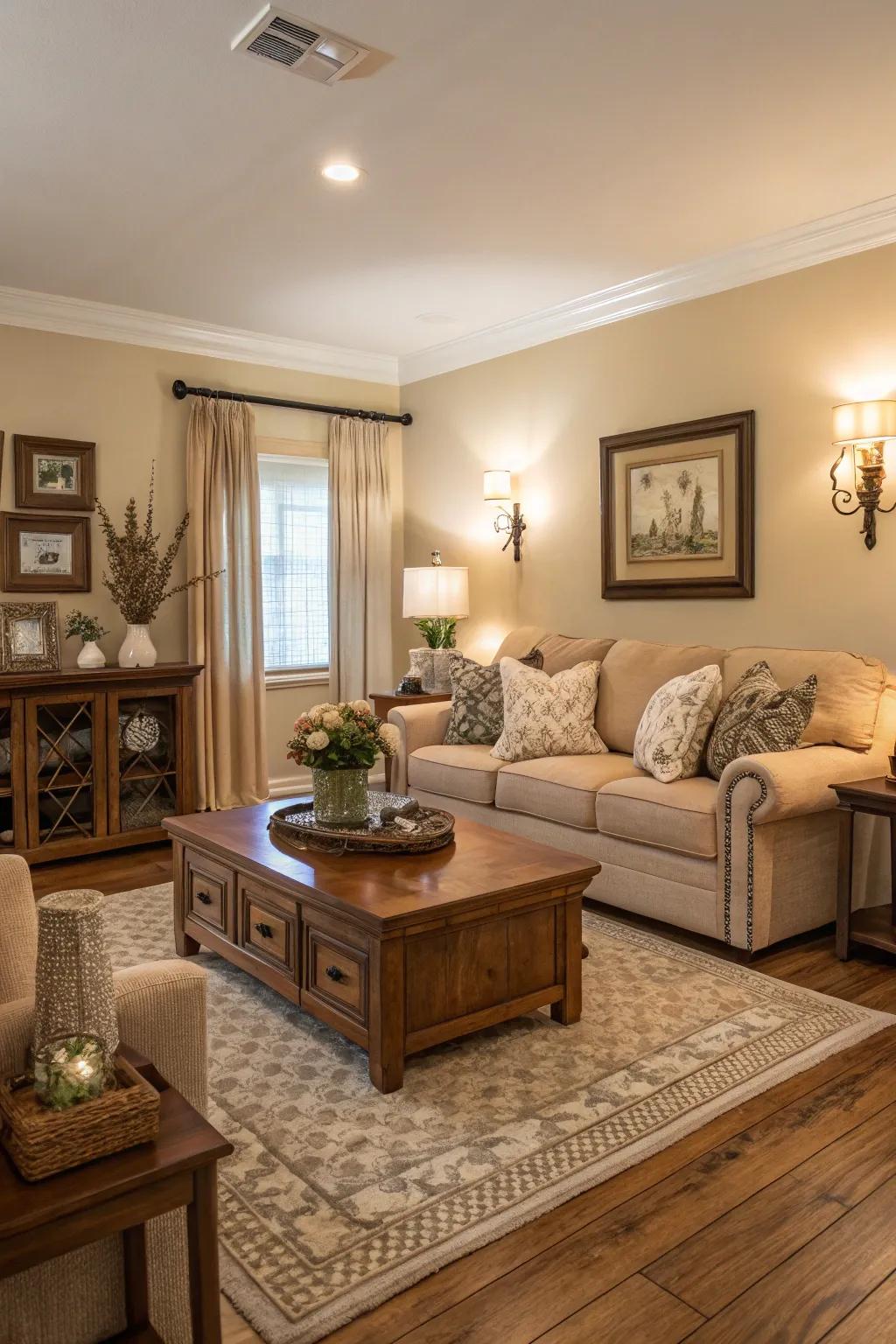 Neutral and earthy tones create a harmonious look with oak floors.