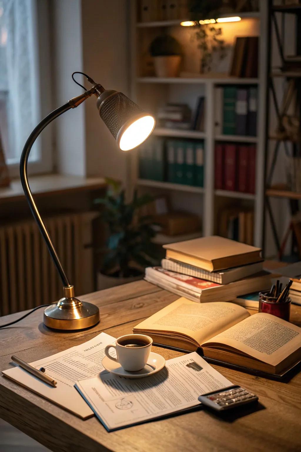 Ambient and directed lighting collaborate to fashion a warm reading atmosphere in this office.