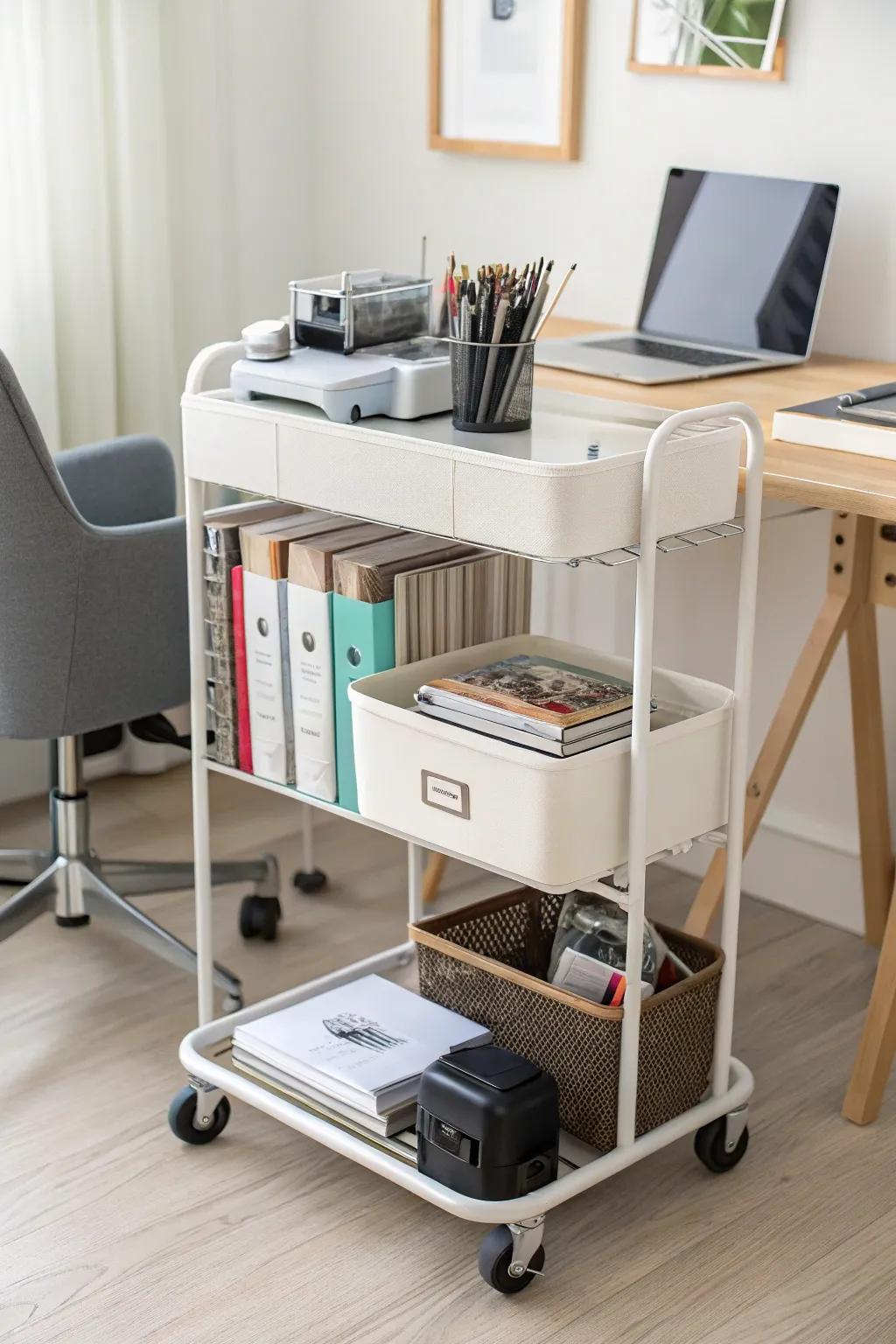 A versatile rolling cart adds mobility and ease to office storage.