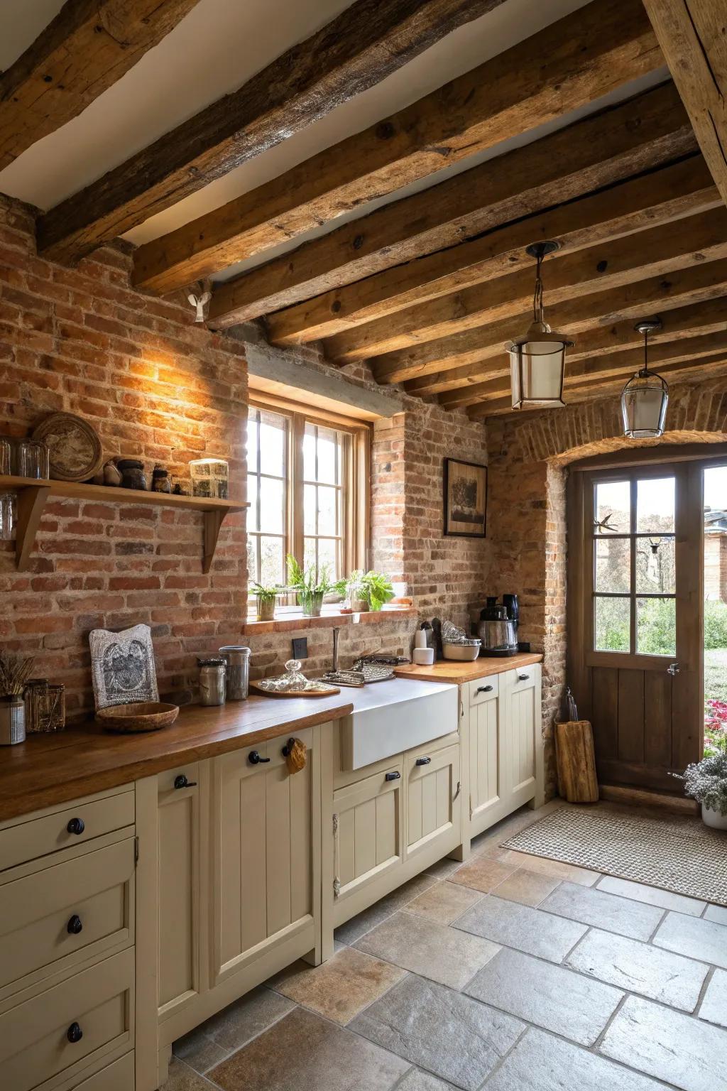 Visible joists and stonework present a rustic and snug environment.