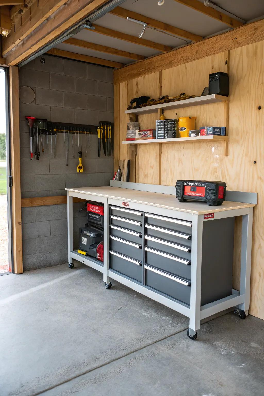 A foldable workbench adds functionality without sacrificing space.