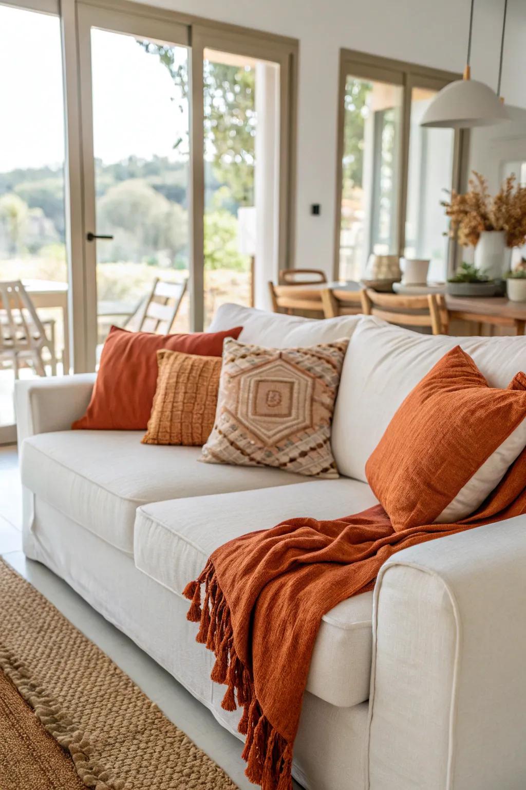 Orange throws that inject a pop of color and warmth into a white couch.