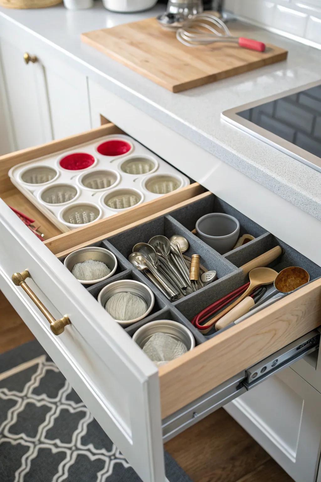 Drawer dividers keep utensils neatly organized and accessible.