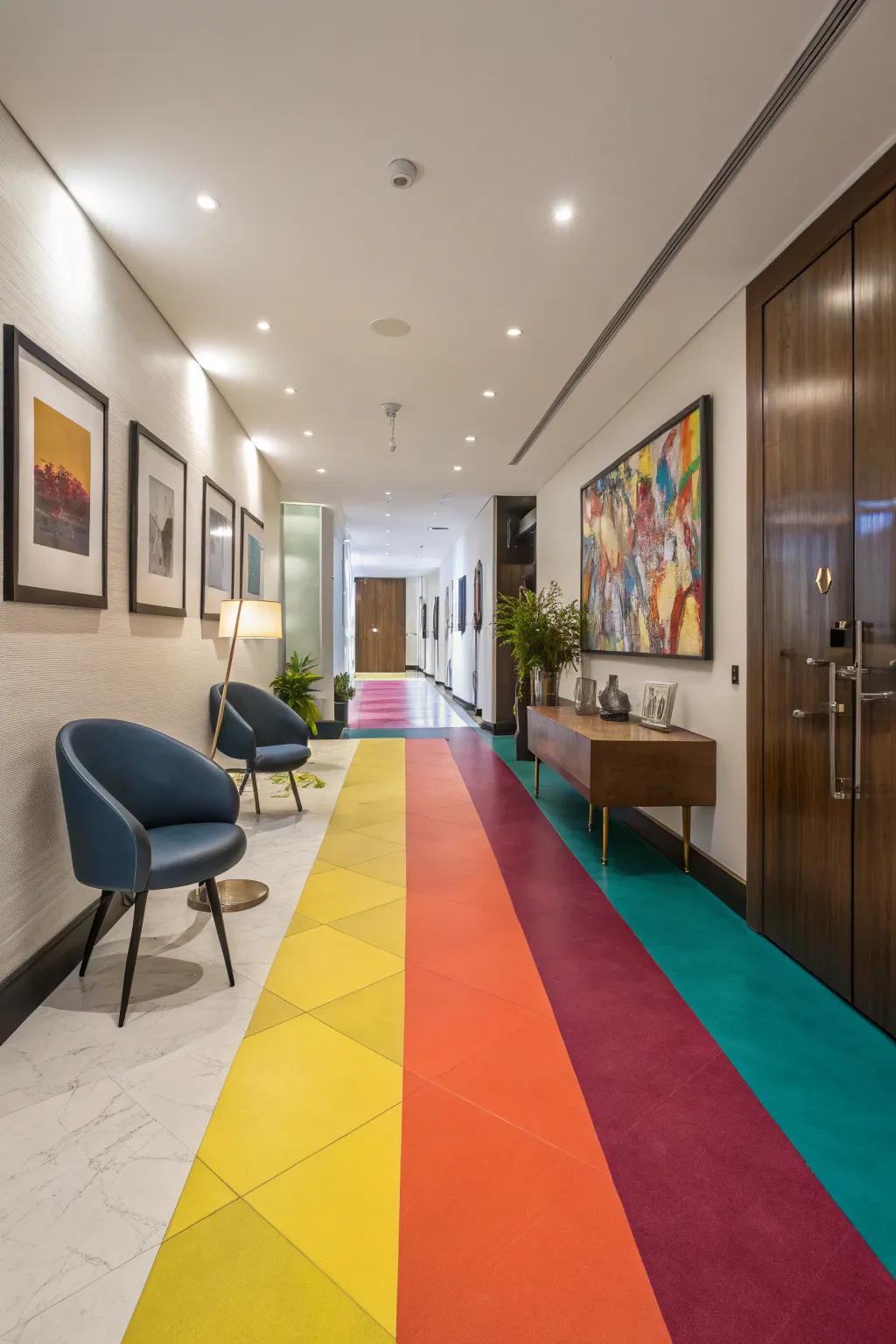 A corridor transformed through the use of color block-painted floors, spotlighting vibrant shades and modern decor.