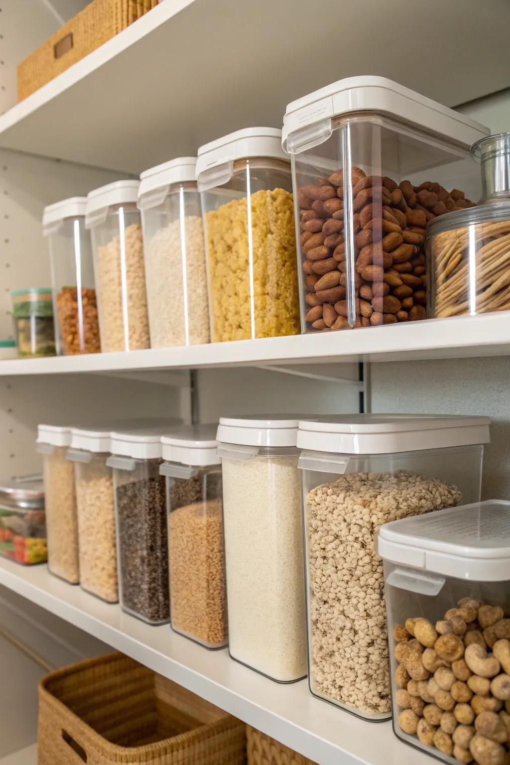 Clear containers in a pantry ensure easy visibility and freshness for dry goods.