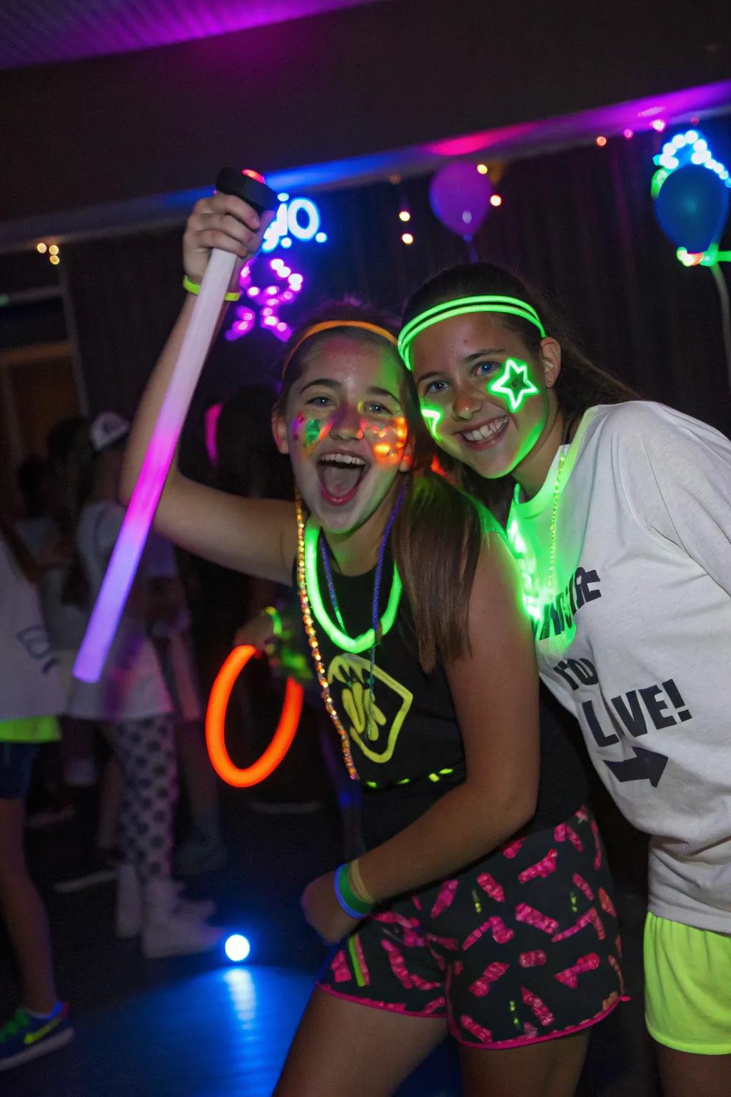 Teens having fun at a glow-in-the-dark party with vibrant neon lights.