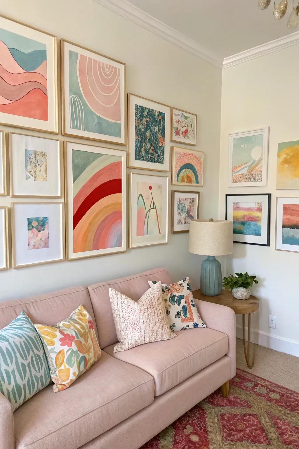 A gallery wall with pastel abstract art for a chic look.