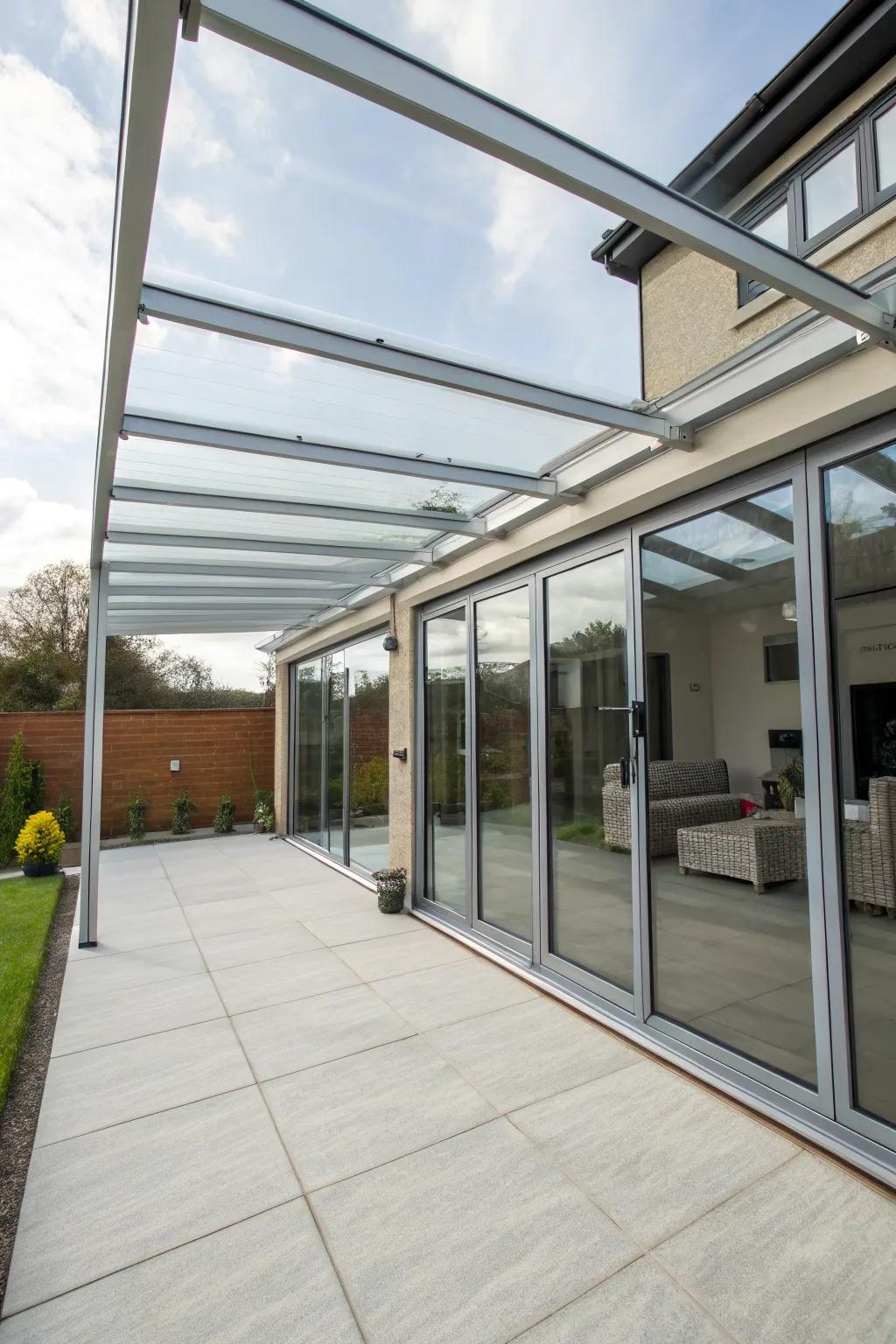 Modern steel and glass frames cultivate an elegant patio atmosphere.