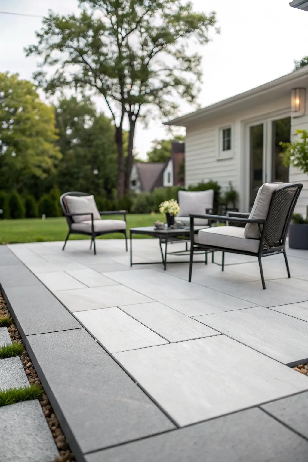 A modern, minimalist paver patio featuring large, sleek pavers and stylish outdoor furniture.