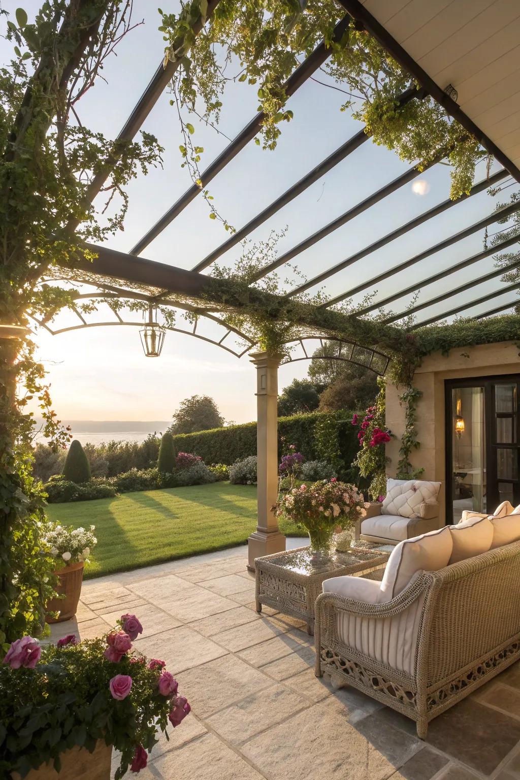 Embrace natural light with a glass pergola roof.