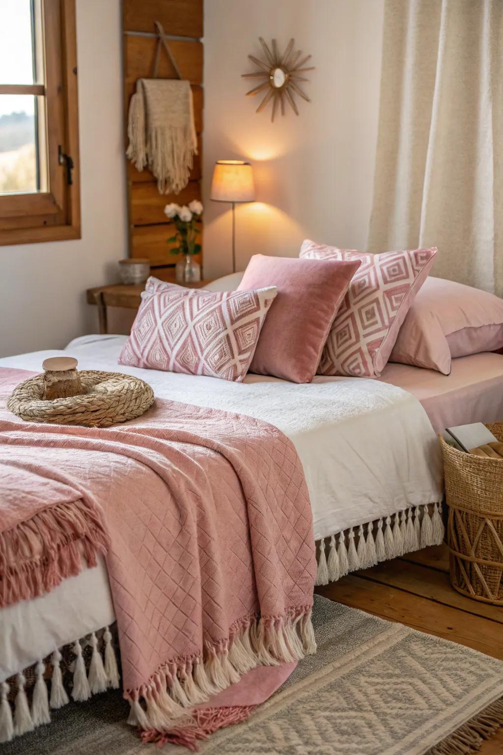 Soft pink textiles add warmth and texture to this inviting bedroom.