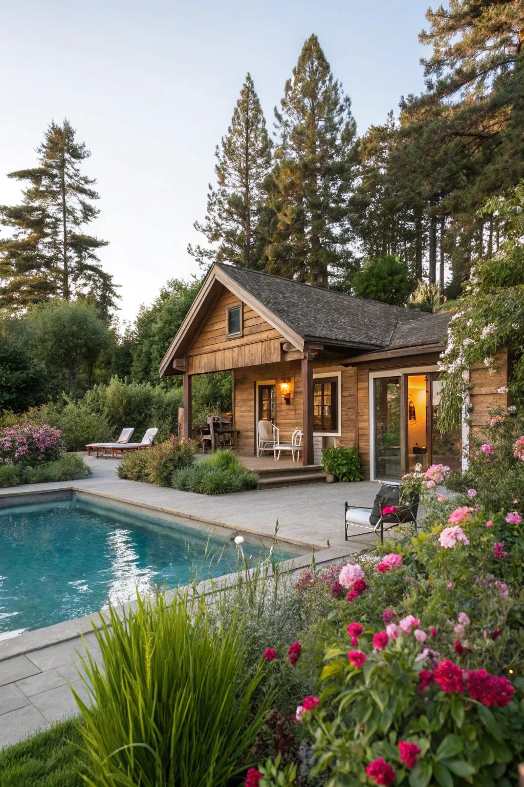 Elevate your pool house using lush greenery for a tranquil getaway.