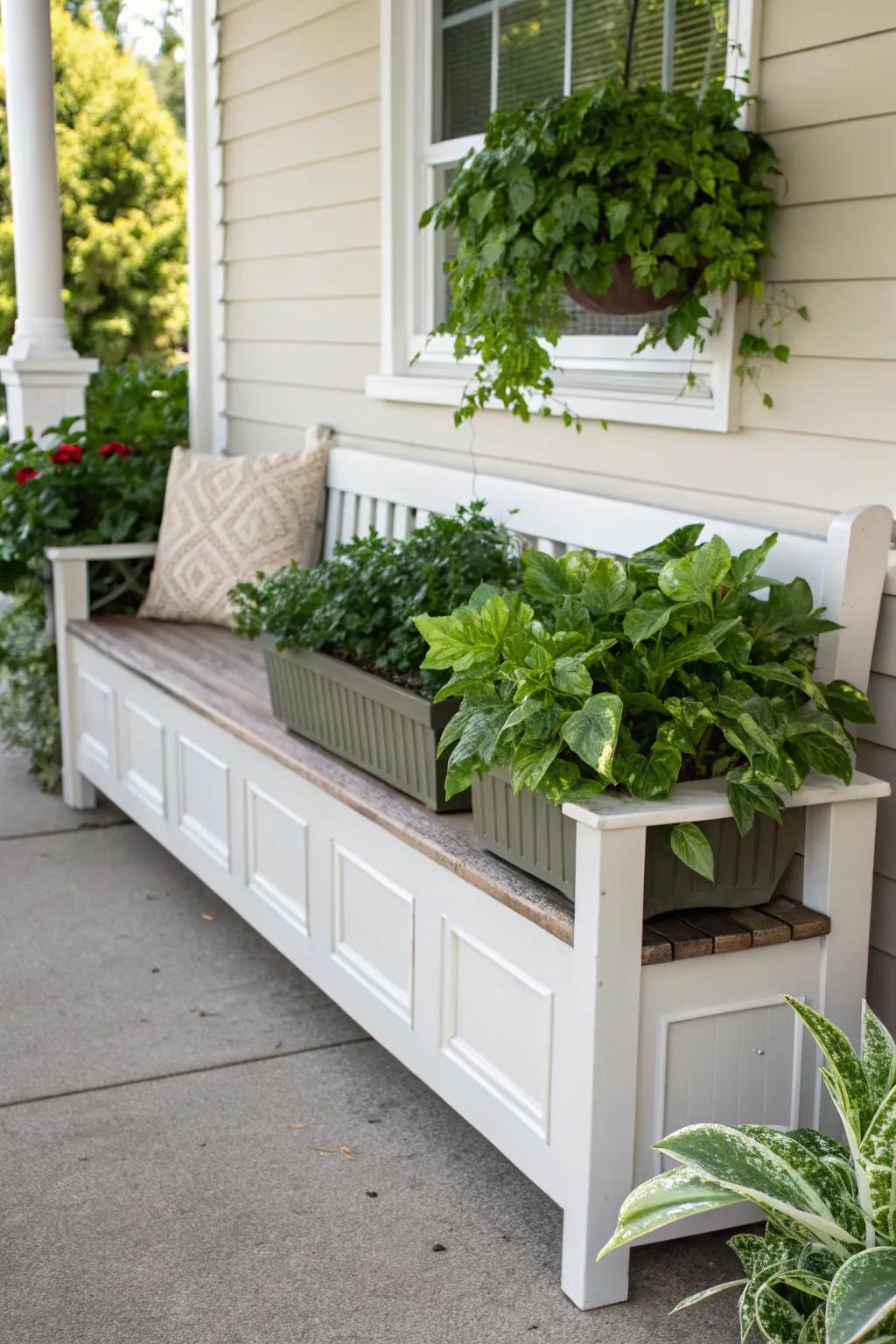 A flower box bench flawlessly merges seating with greenery.