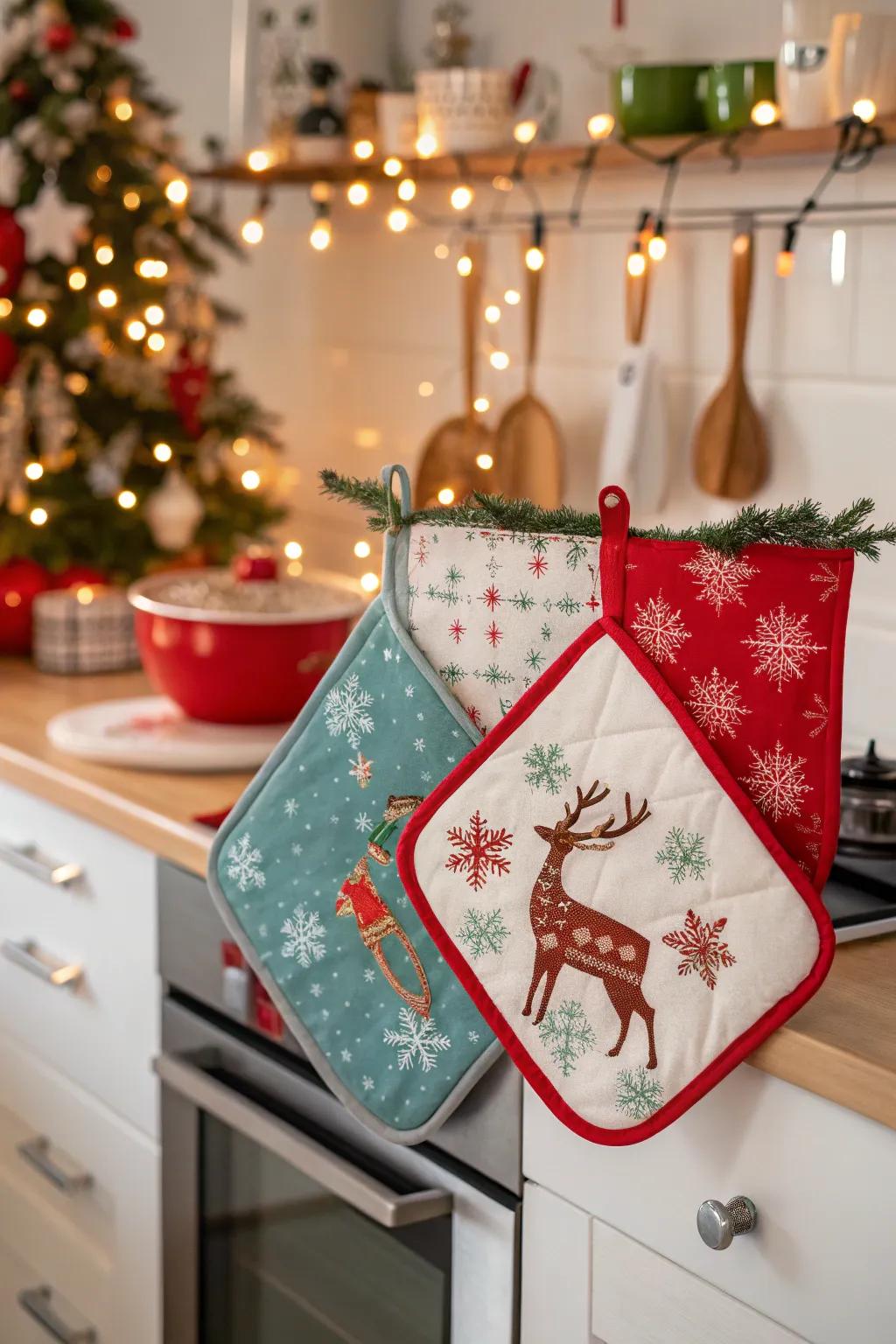 Infuse a festive atmosphere into your cooking area using holiday-inspired oven protectors.