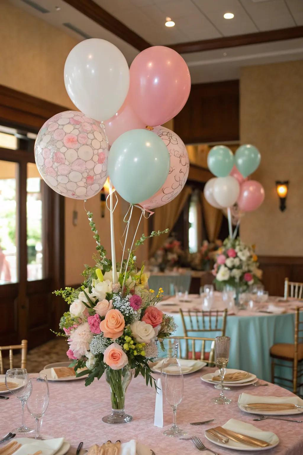 Balloon centerpieces bring elegance to the dining experience.