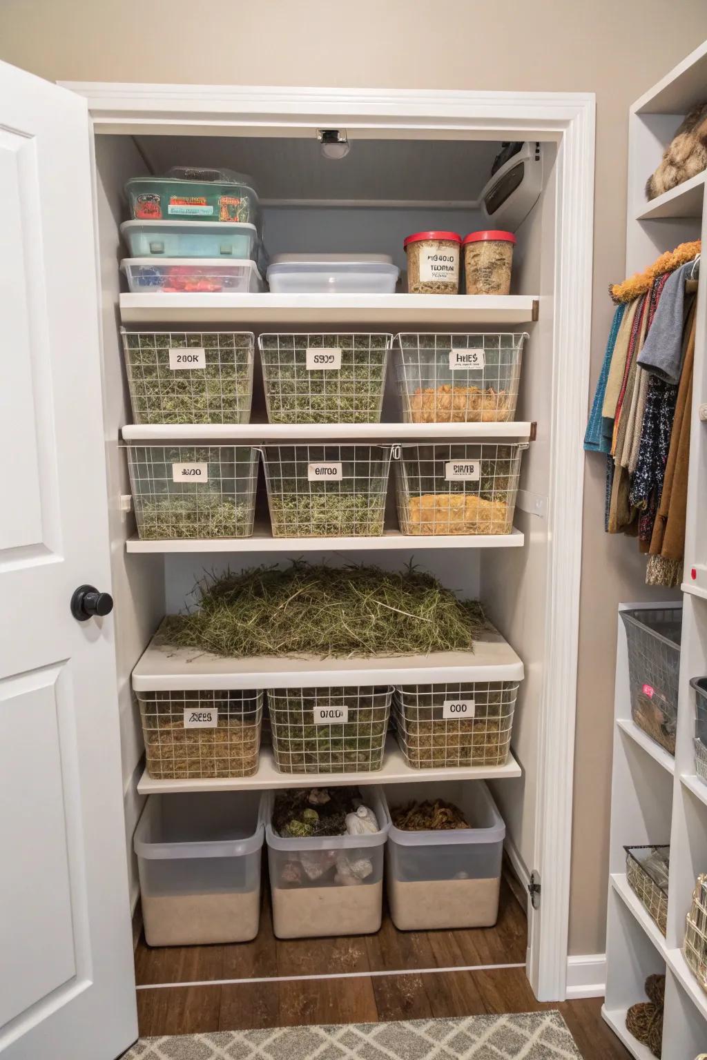 A closet transformed into a rabbit supply station with custom shelving.