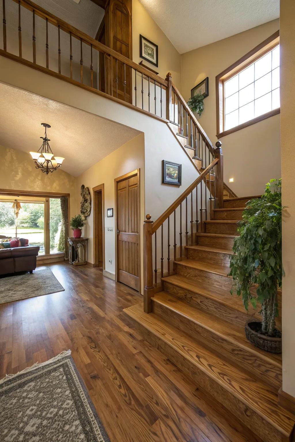 Using warm wood for flooring and staircases adds a cozy feel to the entryway.