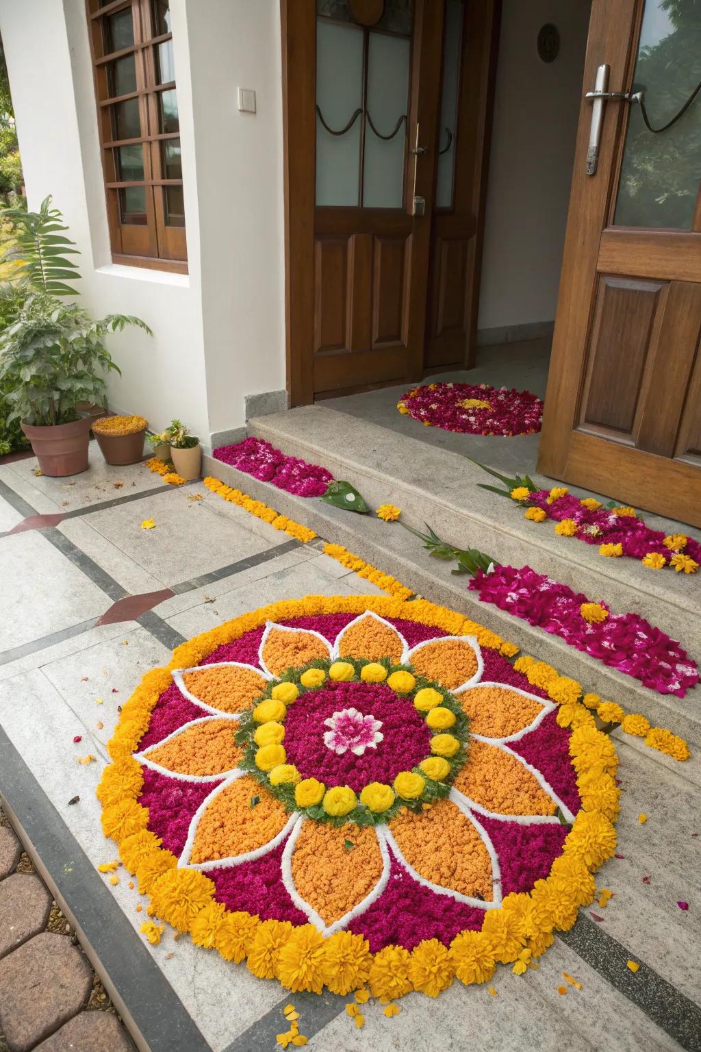 Floral petals shape a soft and fragrant rangoli, enriching Diwali’s festive atmosphere.