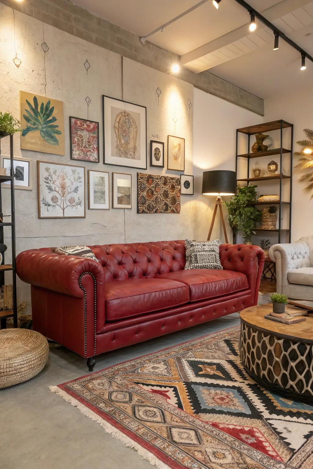 Assorted décor accentuates the energetic persona manifested by a scarlet hide sofa.