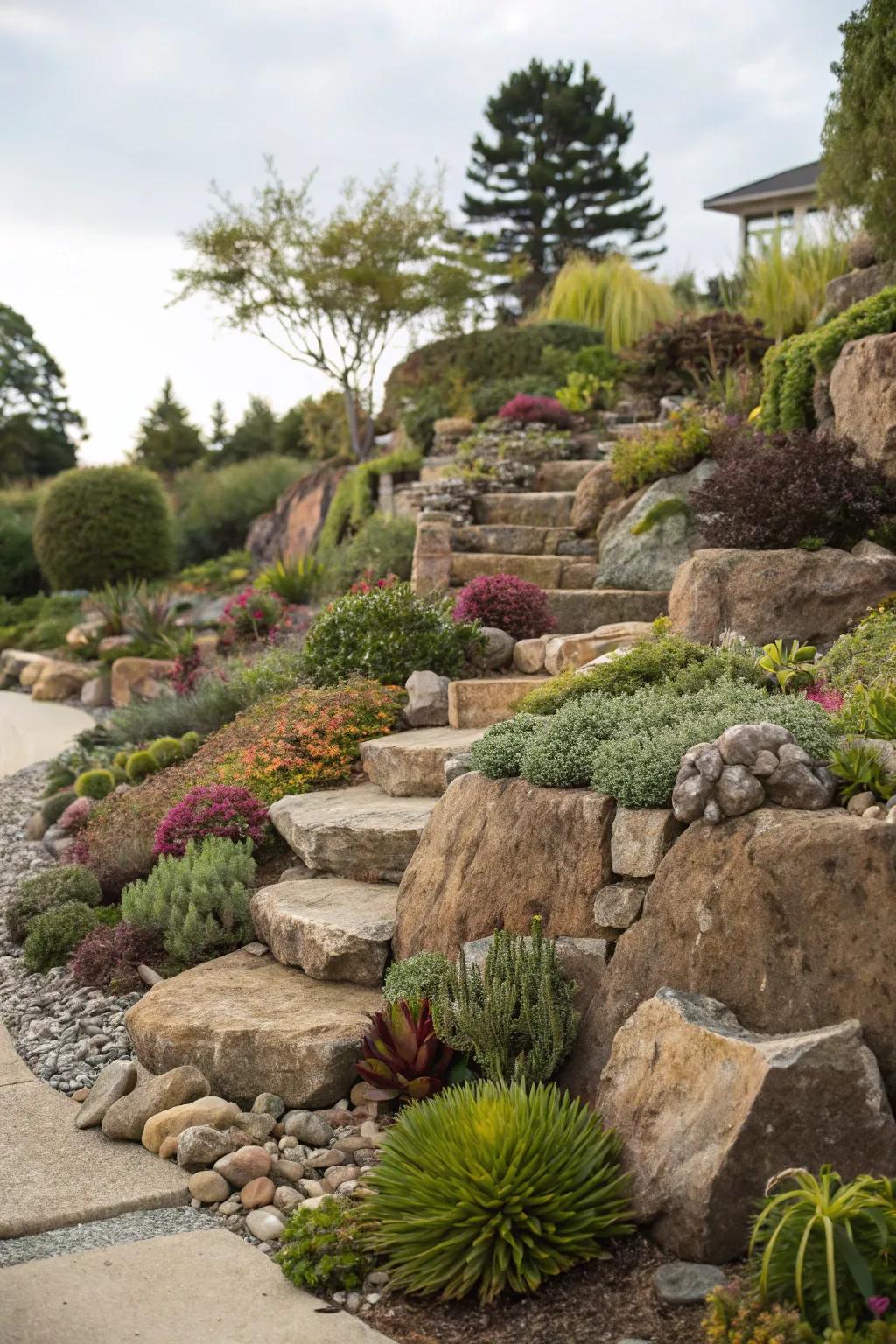 A multi-tiered rock garden featuring a variety of plants and textures.