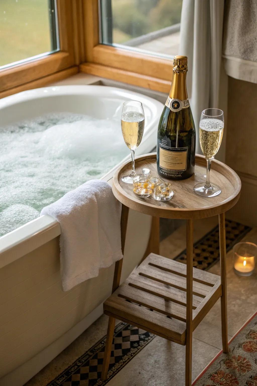 Toast to love with a glass of champagne in your soothing bath.