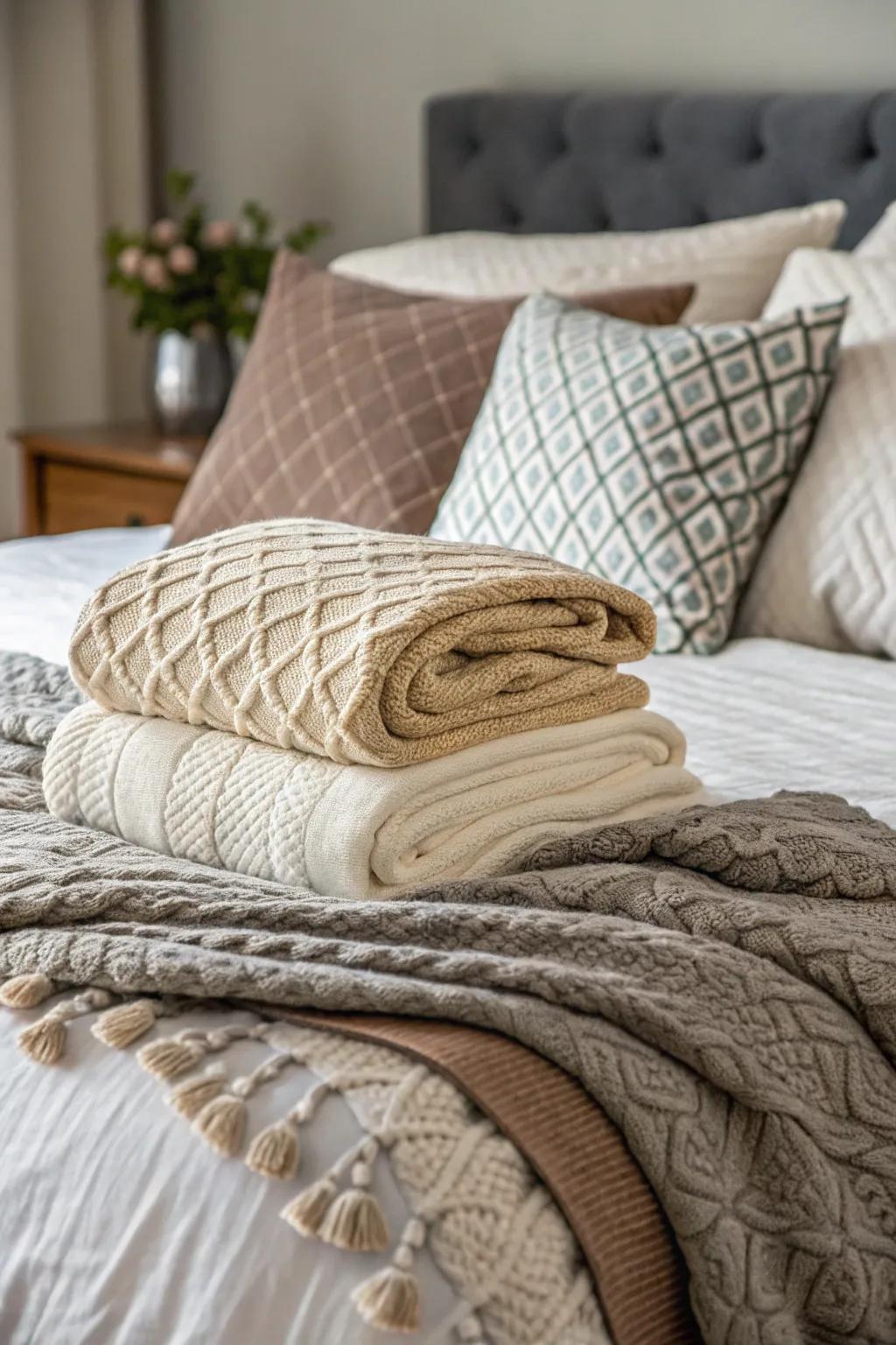 Textured bedding adds warmth and comfort.