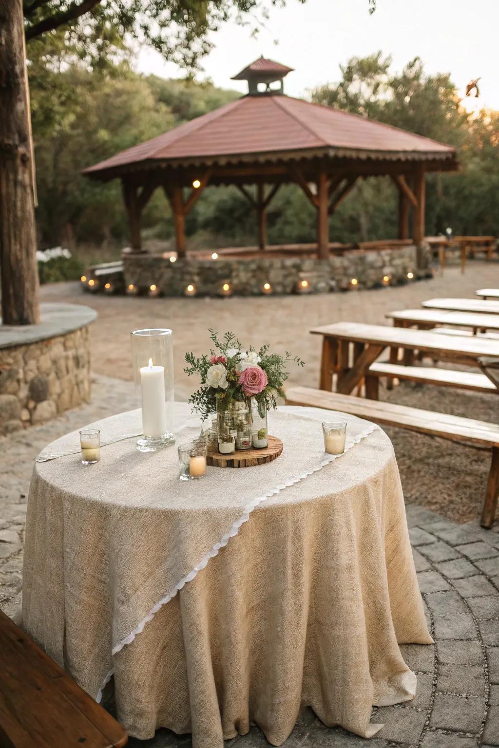 Rustic charm with a burlap tablecloth in an outdoor wedding.