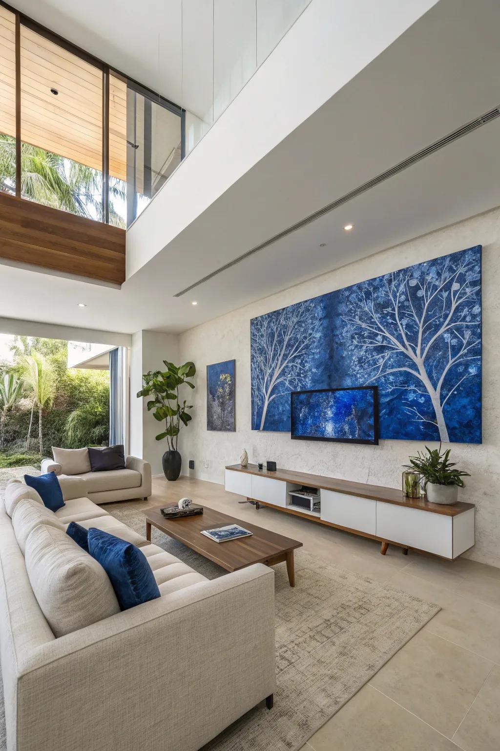 Striking wall decor that features sapphire hues provides individuality and harmony to your living space.